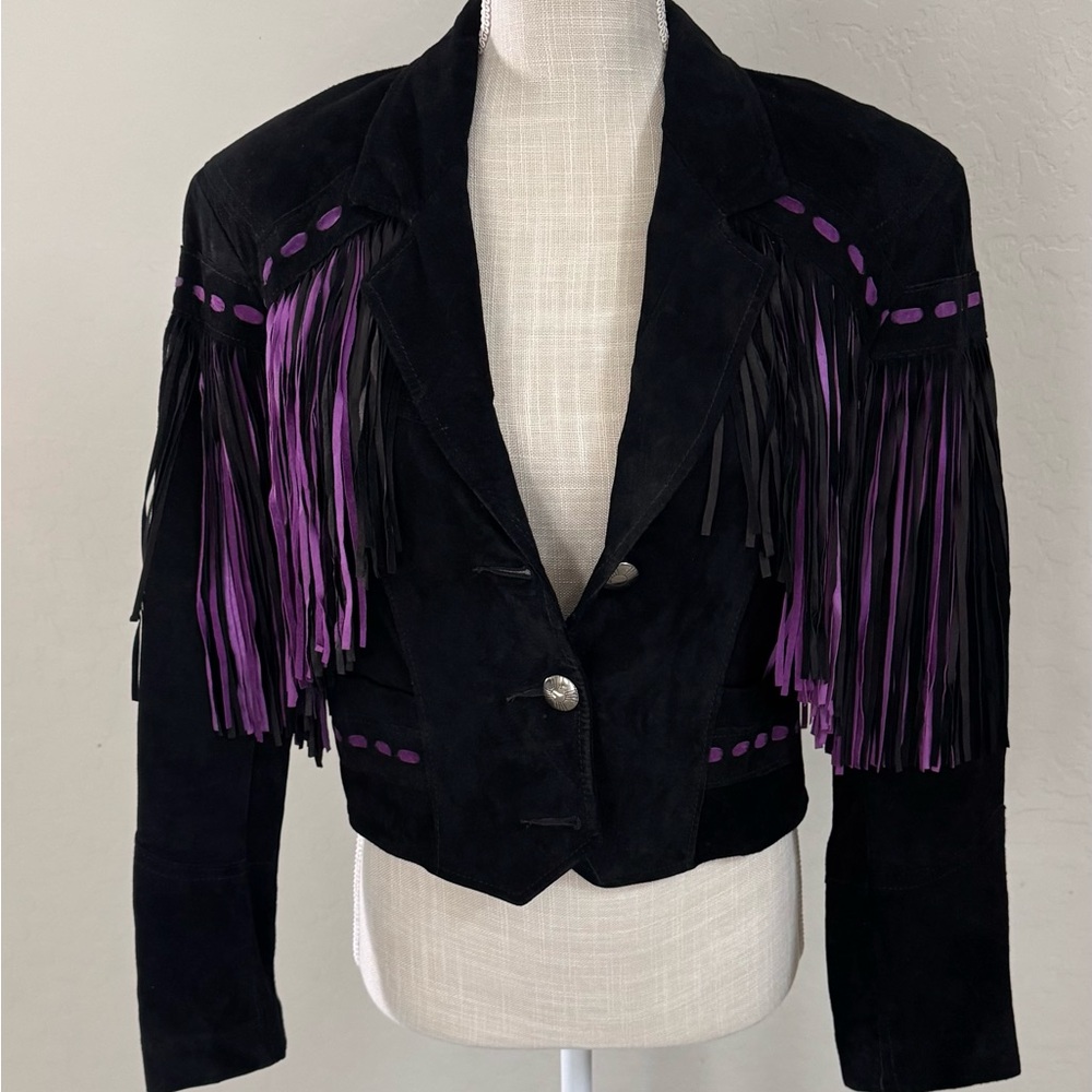 Rare Pioneer Wear Vintage Suede Fringe Jacket • Purple & Black Statement Western